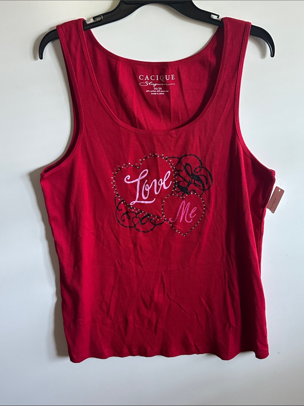 Cacique Red Sleeveless 'Love Me' Heart Pajama Tank with Rhinestones Size 26/28